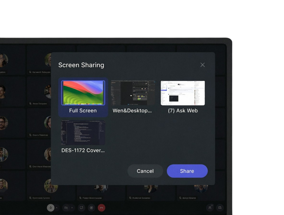Screen and slide sharing during a session